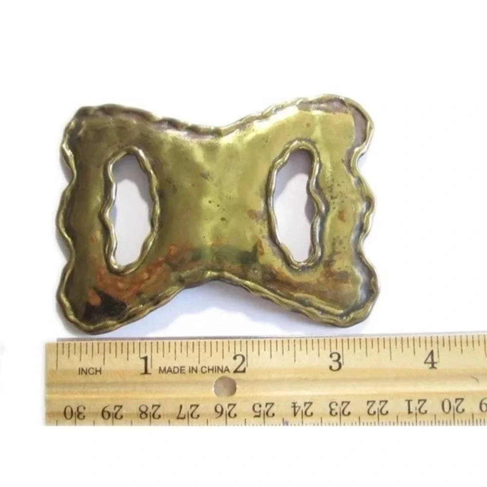 Vintage Brutalist Hammered Brass Belt Buckle Artisan‎ Wavy Organic Statement